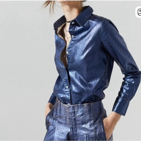 San Marino Metallic Linen Shirt - Dark Blue - Picture 1 of 2